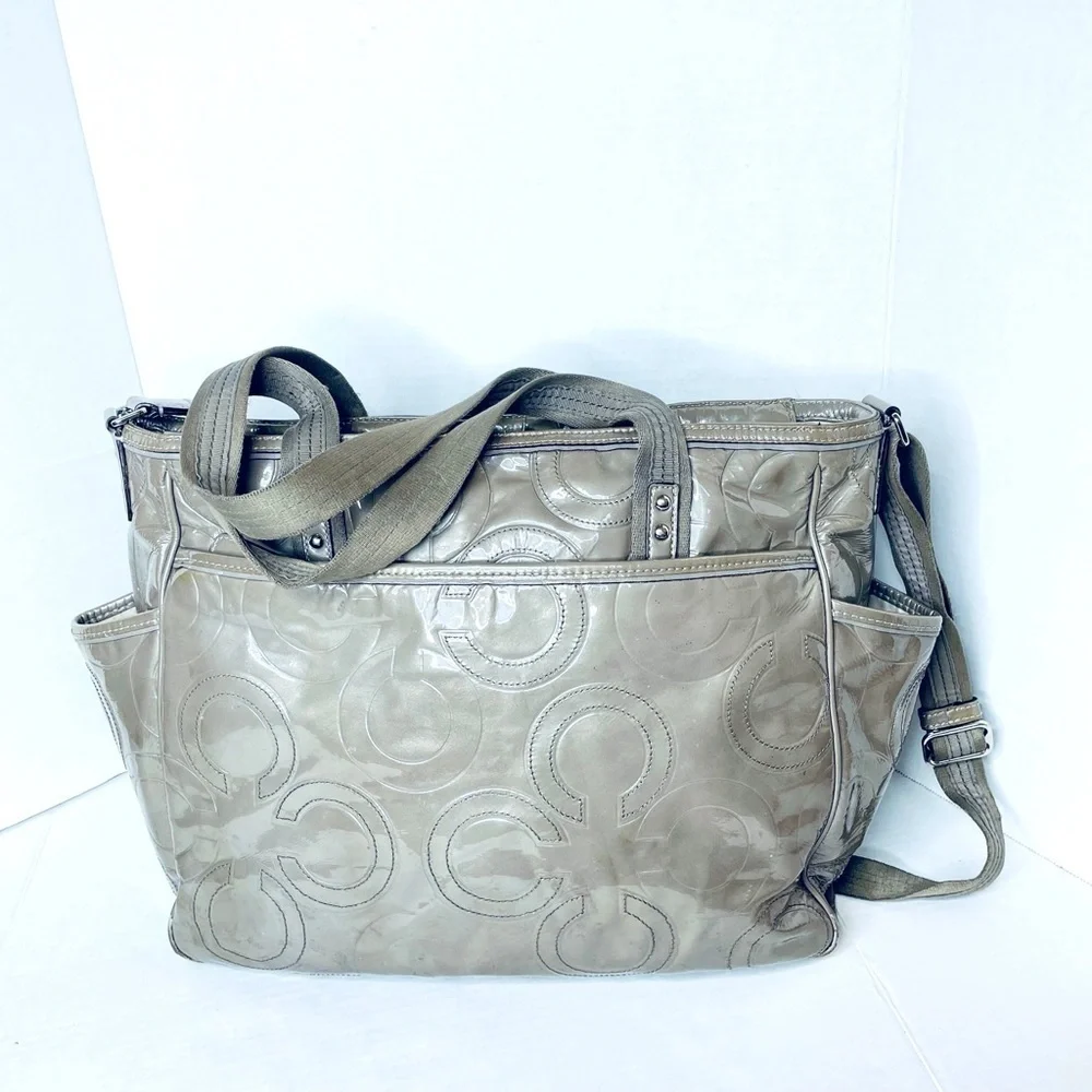 COACH 16977 Rare Gray Signature Patent Leather Tote Travel Diaper Bag